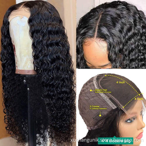 Double Drawn Indian Human Hair Lace Front Closure Wig Virgin Remy Raw Indian Hair Deep Wave 4*4 Closure Pre Plucked Lace Wig